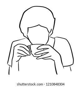 woman drinking coffee from the cup vector illustration sketch doodle hand drawn with black lines isolated on white background