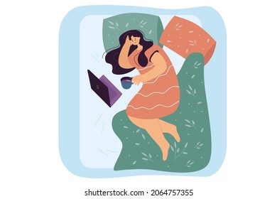 Woman drinking coffee and doing work at home using laptop. Girl wearing casual clothes having rest with notebook in cozy bedroom flat vector illustration. Relax, Sunday, life routine concept