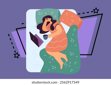 Woman drinking coffee and doing work at home using laptop. Girl wearing casual clothes having rest with notebook in cozy bedroom flat vector illustration. Relax, Sunday, life routine concept