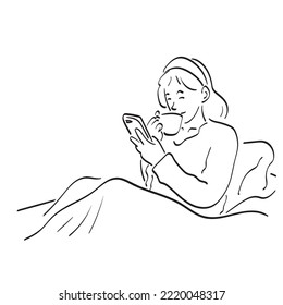 Woman drinking coffee in her bed and checking her smartphone illustration vector hand drawn isolated on white background line art.