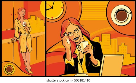 Woman drinking coffee in home kitchen and office. Worker lady talking on the phone. Vector flat illustration. For web, banner, poster, info graphic.