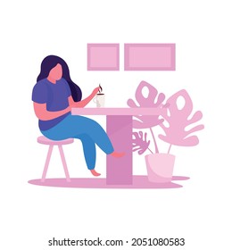 Woman drinking coffee in kitchen flat vector illustration