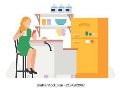 Mujer tomando café en el interior de la cocina. Desayuno matutino