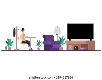 woman drinking coffee in the living room and watching tv