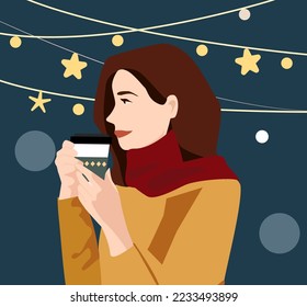 La mujer está tomando café en una fría noche de invierno. Una acogedora ilustración vectorial de una mujer en el fondo de las joyas de Año Nuevo sostiene una bebida caliente de invierno. Tarjetas de Año Nuevo o Navidad