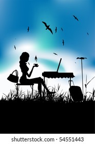 Woman drinking coffee outdoor, laptop on table