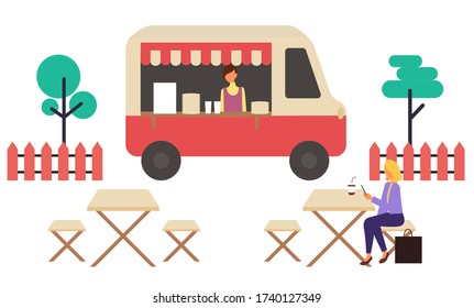 Woman drinking coffee outdoor, seller character standing in car with beverage. Urban vehicle with drinks between trees, cafe in park or city vector