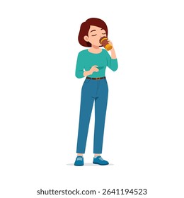 Woman Drinking Coffee from Paper Cup While Standing and Holding it with Both Hands Calm Expression
