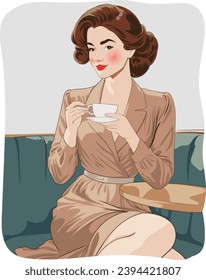 Woman Drinking Coffee: Retro Posters Illustration