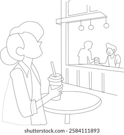 A woman drinking coffee in a coffee shop - vector design. Simple line art and easy to edit and color.