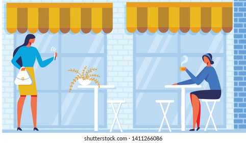 Woman Drinking Coffee Sitting at Outdoor Table Cartoon Flat Vector Illustration. Girl Talking by Mobile Phone and Walking through Street. Having Rest in Restaurant. Background with Windows.