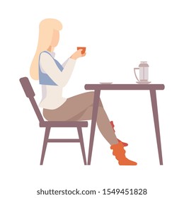 Woman is drinking coffee at a table. Vector illustration.