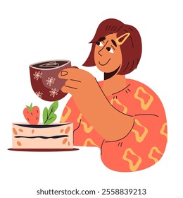 Woman drinking coffee or tea and eating cake, flat vector illustration isolated. Coffee break, food in cafe.