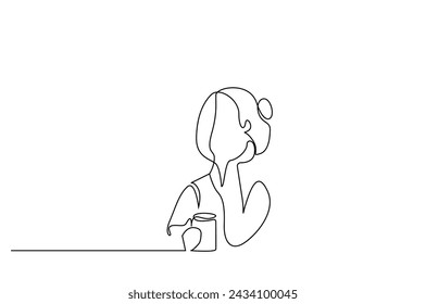 woman drinking coffee tea relax thinking at home watching outside looking free time one line art design