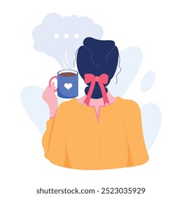 Mujer bebiendo café y pensando, ilustración plana 