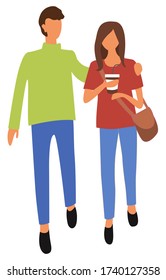 Woman drinking coffee vector, isolated male and female with plastic cup and beverage. Couple relaxing on weekends, outdoors rest strolling pair flat style