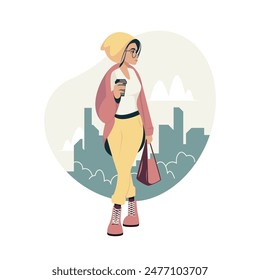 Mujer tomando café Vector carácter aislado. Chica joven con el café que va en la calle en la gran ciudad. Las Personas disfrutan de bebidas calientes. Mañana. Quitar concepto.
