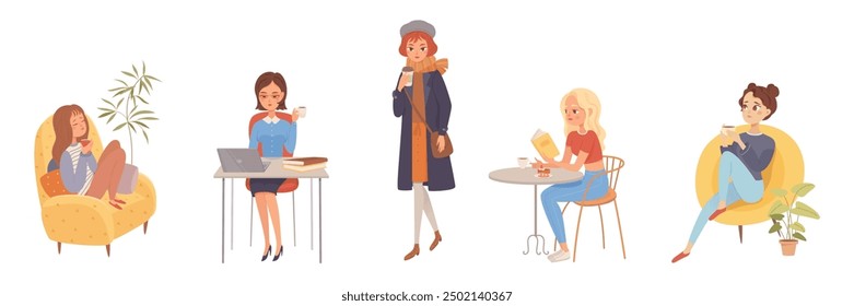 Woman drinking coffee vector set. Young girls with coffee or tea sitting at home, in cafe and office and going at street. People enjoy hot drinks. Break for relax.