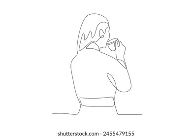 Woman drinking coffee when she wakes up. Coffee morning concept one-line drawing