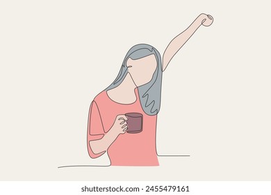 Woman drinking coffee when she wakes up. Colored. Coffee morning concept one-line drawing