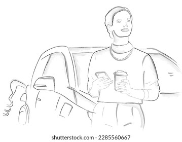 Woman drinking coffee while charging electric car vector storyboard