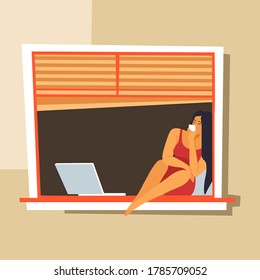 Woman drinking coffee and working from home during coronavirus quaratine, city lockdown and disease outbreak. Lady with computer, freelancer or student at break with teacup vector in flat style