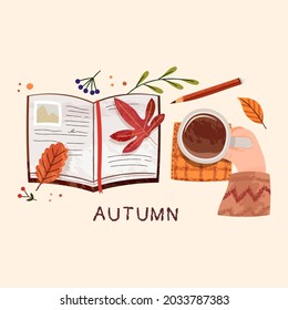 A woman drinking coffee and writing in a diary. Collection of autumn elements.