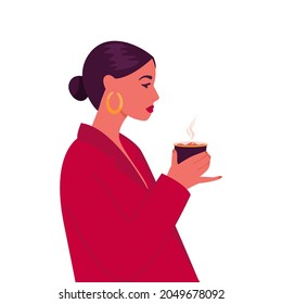 Frau trinkt Kaffee. Junge stylische Mädchen sitzend in Cafe.Vector flache Illustration. Gemütlicher Morgenkaffee. Mode-Lady trinkt Kaffee. Frau hält eine Tasse in den Händen.