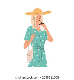 Woman drinking coffee-to-go from paper cup. Person with takeaway tea mug in hands. Young female holding take-away summer lemonade with straw. Flat vector illustration isolated on white background