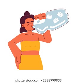 Woman drinking cold bottled water semi flat color vector character. Latina female hydrating in summer. Editable half body person on white. Simple cartoon spot illustration for web graphic design