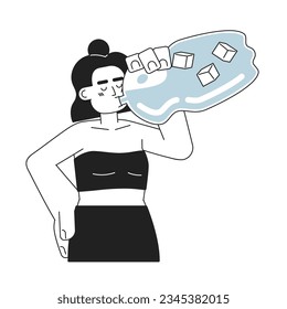 Woman drinking cold bottled water monochromatic flat vector character. Latina hydrating in summer. Editable thin line half body person on white. Simple bw cartoon spot image for web graphic design