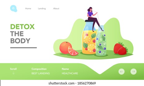 Woman Drinking Cold Drinks for Detox Landing Page Template. Tiny Female Character Sitting at at Huge Glass Bottle with Lemonade or Juice with Lemon Slices and Mint Leaves. Cartoon Vector Illustration