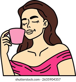 A woman is drinking a cup of coffee