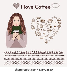 Woman drinking a cup of coffee. Vector girl standing with coffee to go. Woman in scarf with hand drawn design elements.