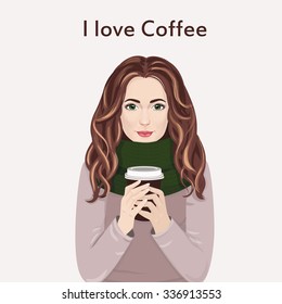Woman drinking a cup of coffee. Vector girl standing with coffee to go.