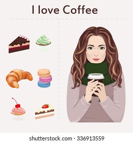 Woman drinking a cup of coffee. Vector girl standing with coffee to go. Woman in scarf with macaroon, croissant, cake and cupcake.