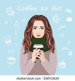 Woman drinking a cup of coffee. Vector girl standing with coffee to go on blue background with hand drawn coffee elements.