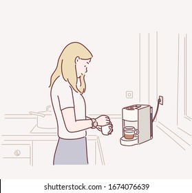 Woman drinking cup of morning coffee with coffee machine while breakfast at kitchen. Hand drawn style vector design illustrations.