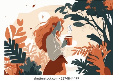 Woman drinking a cup of tea. outside, day time, Hand drawn flat illustrations