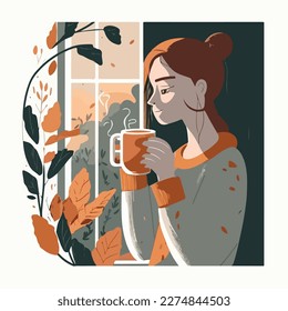 Woman drinking a cup of tea. outside, day time, Hand drawn flat illustrations