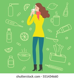 Woman drinking a cure for cold and flu. Including doodle treatment elements on background, such as pills, syrups, food. Hand drawn health-care elements for your design.