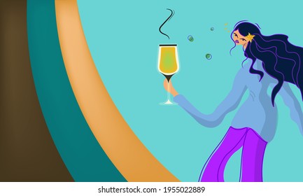 The woman is drinking. Drunk girl with a large glass of wine and can hardly stand. The concept of condemning female alcoholism and combating drunkenness. Vector poster, blue background.