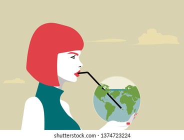 woman drinking the earth in a cool yellow background