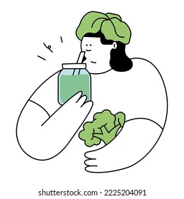Mujer bebiendo fruta y verdura concepto smoothie verde, salud. para anuncios publicitarios. estilo de línea. diseño de ilustración de vector de personas
