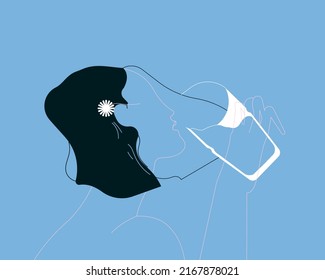 Woman drinking glass of fresh clean water. Thirsty person quenching thirst in morning. Healthy habit. Colored flat vector illustration isolated on white background