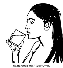 woman drinking a glass of water hand drawn on white background. isolated vector illustration.
