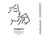 Woman drinking a glass of water. Thirsty concept editable stroke outline icon isolated on white background flat vector illustration. Pixel perfect. 64 x 64.