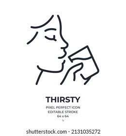Woman drinking a glass of water. Thirsty concept editable stroke outline icon isolated on white background flat vector illustration. Pixel perfect. 64 x 64. - Shutterstock ID 2131035272