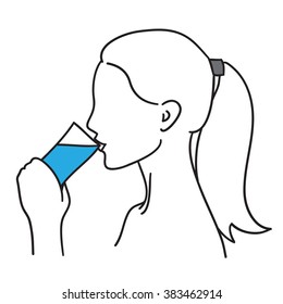 Woman drinking a glass of water vector illustration black on white line
