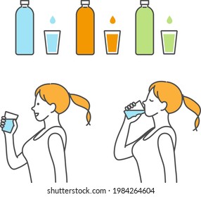 A woman drinking a glass of water.Vector data that is easy to edit.